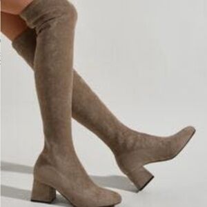 Faux Suede Beige Knee High Boots w/ Low Heel